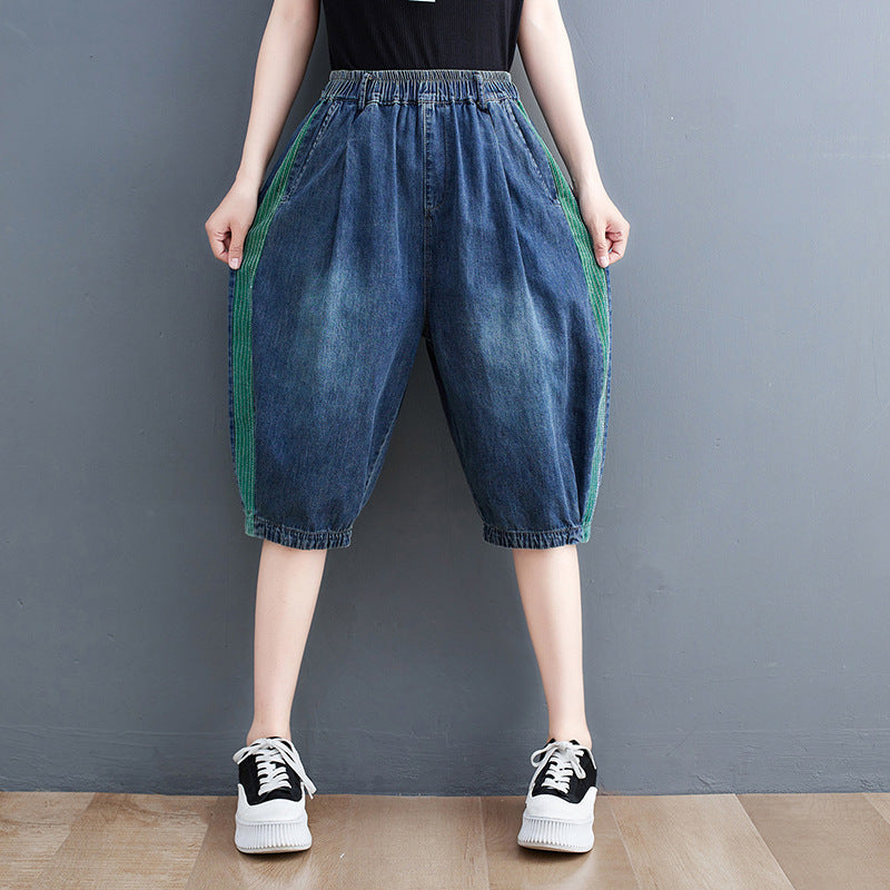Large Size Women's Korean Style New Denim Stitching Washed Casual Cropped Pants