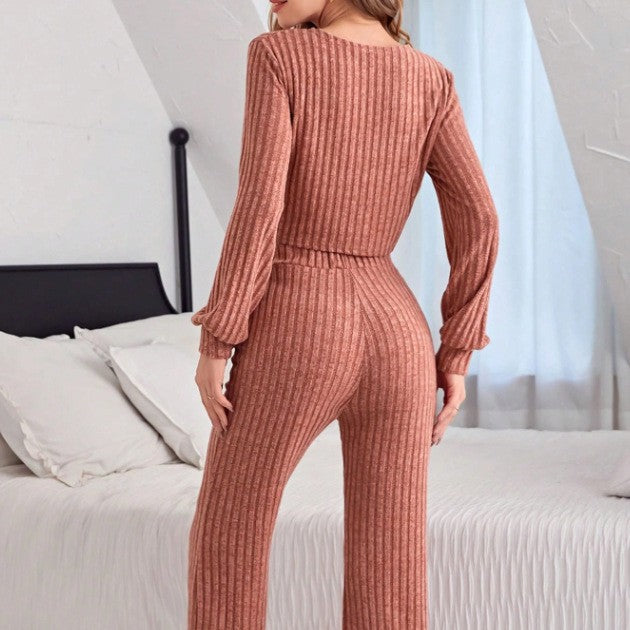 Casual Button Long Sleeve Pants Women's Pajama Set