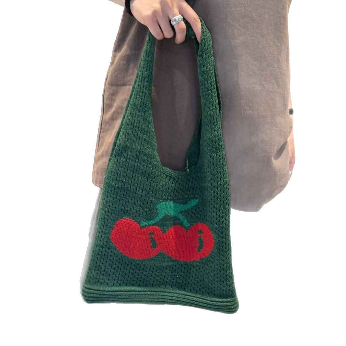 Large Capacity Totes Cherry Embroidered Handbag Knitted Hollow