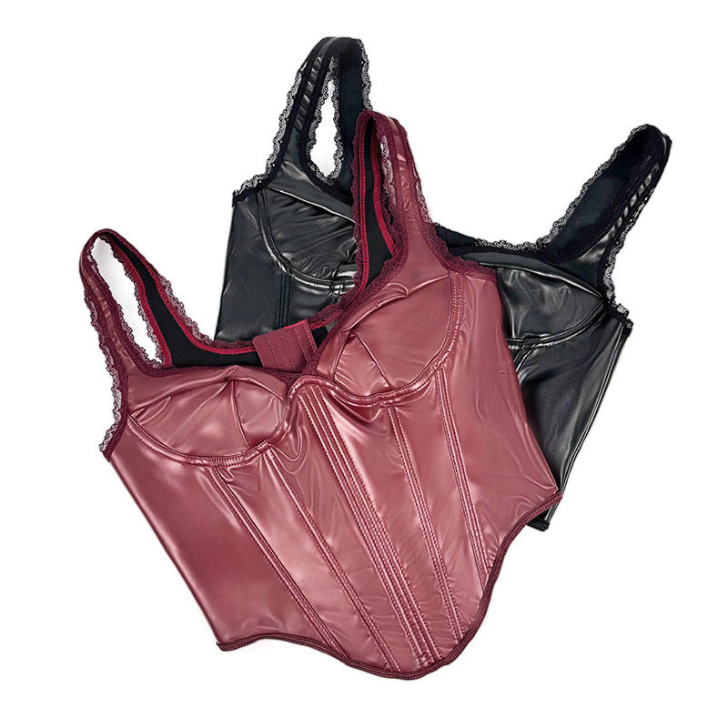 Solid Color Leather Lace Sling Basic Top