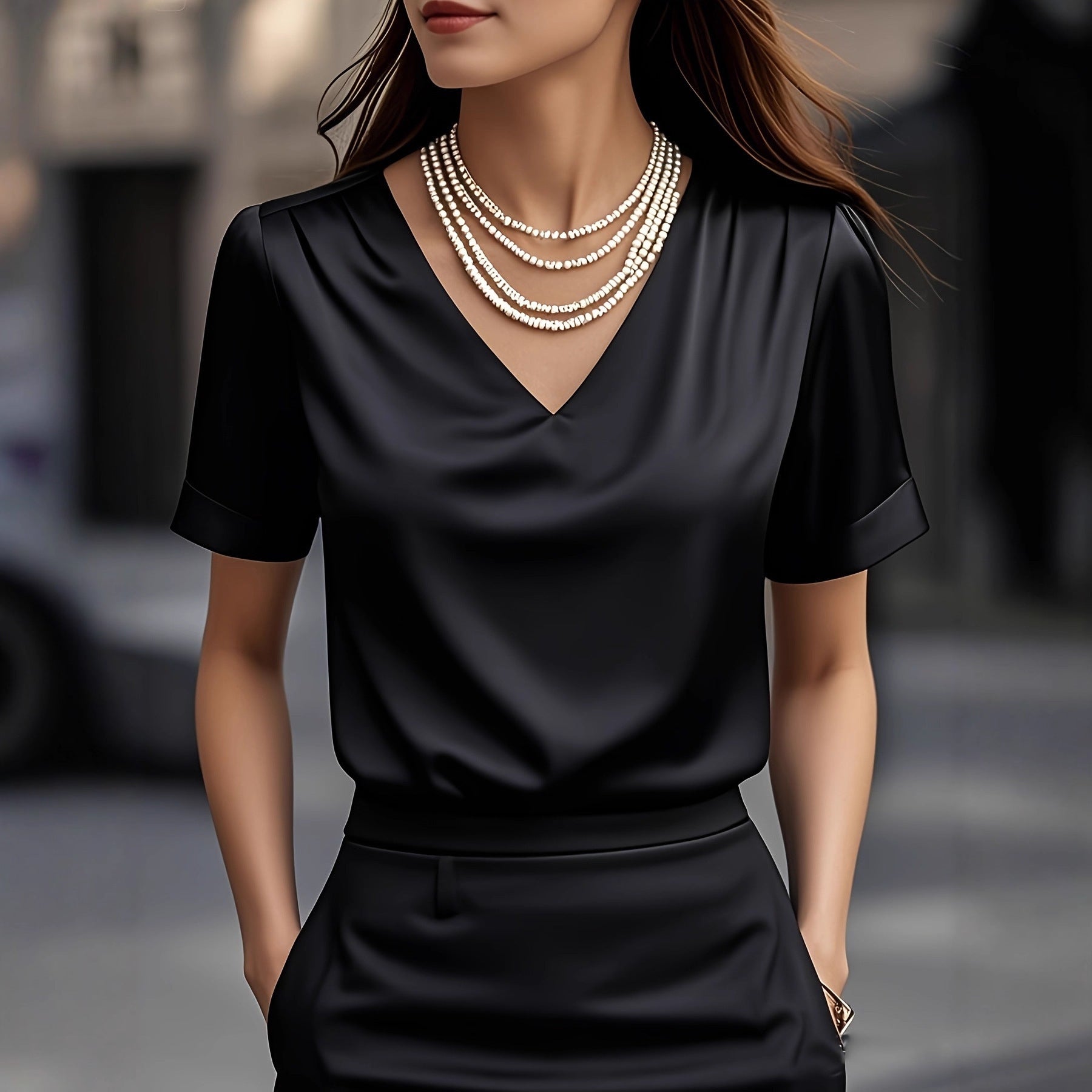 Summer Solid Color Pendant Small V-neck Short-sleeved Shirt Comfortable All-matching