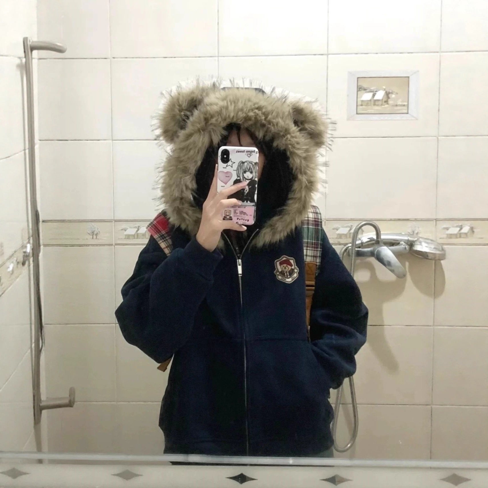 Korean Style Cute Bear Ears Fur Collar Hoodie Coat