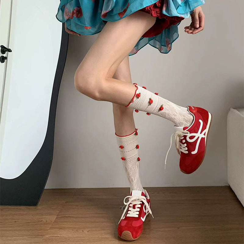 Spring And Summer Thin Rose Lace Tube Socks Women