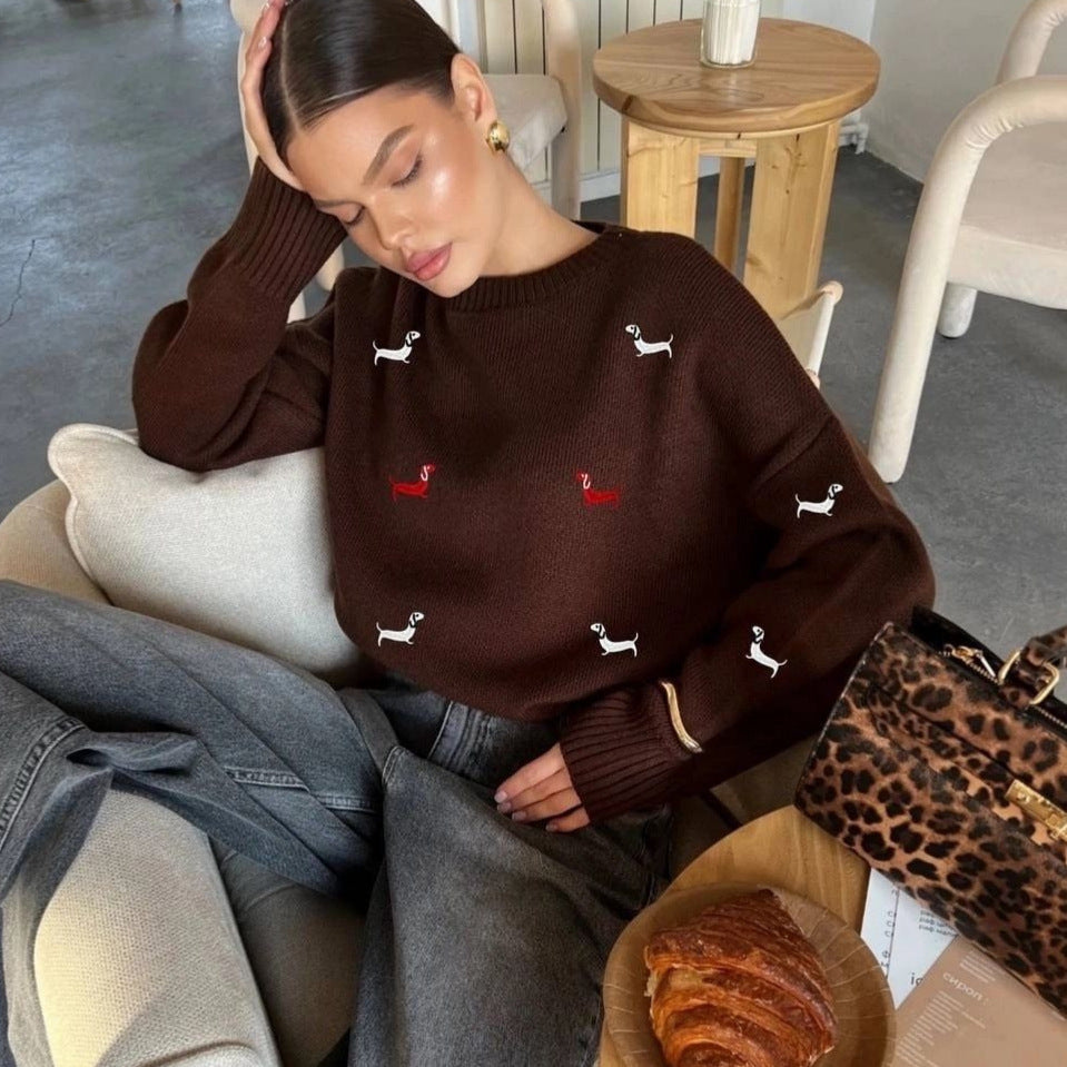 New Autumn And Winter Sweater Round Neck Long Sleeve Dog Print Casual