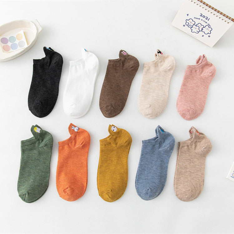 Four Seasons Style Cartoon Embroidered Ear Boat Socks Women