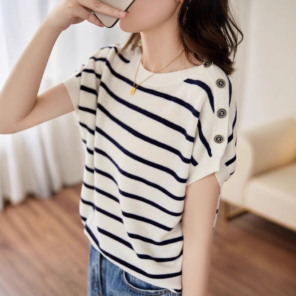 New Striped Top Ice Silk Short Sleeve Slimming And Flesh-covering T-shirt