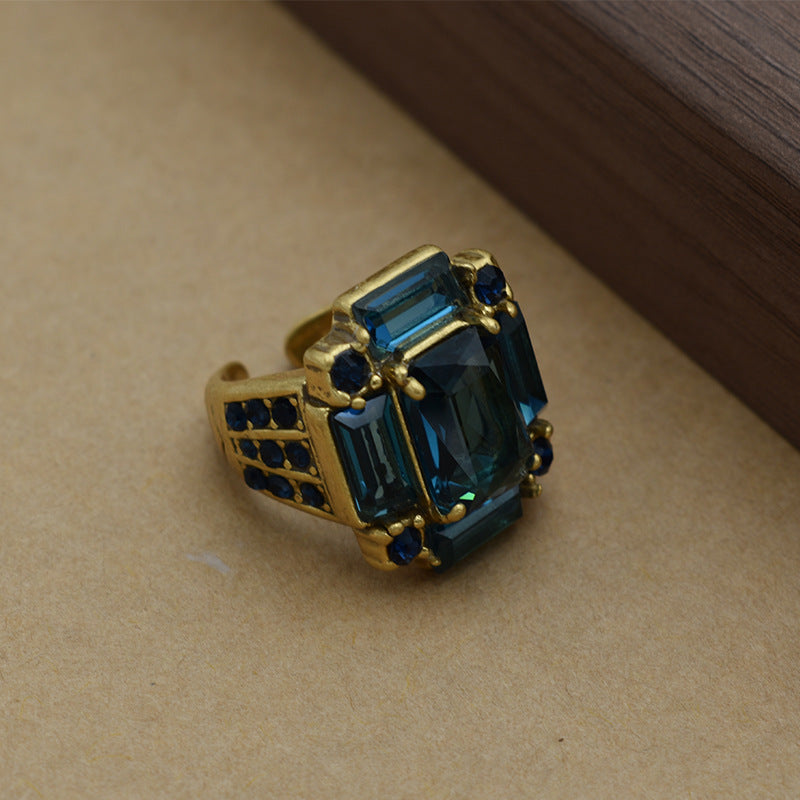 Vintage French Fashion Hot Selling Blue Glass Trendy Versatile Ring