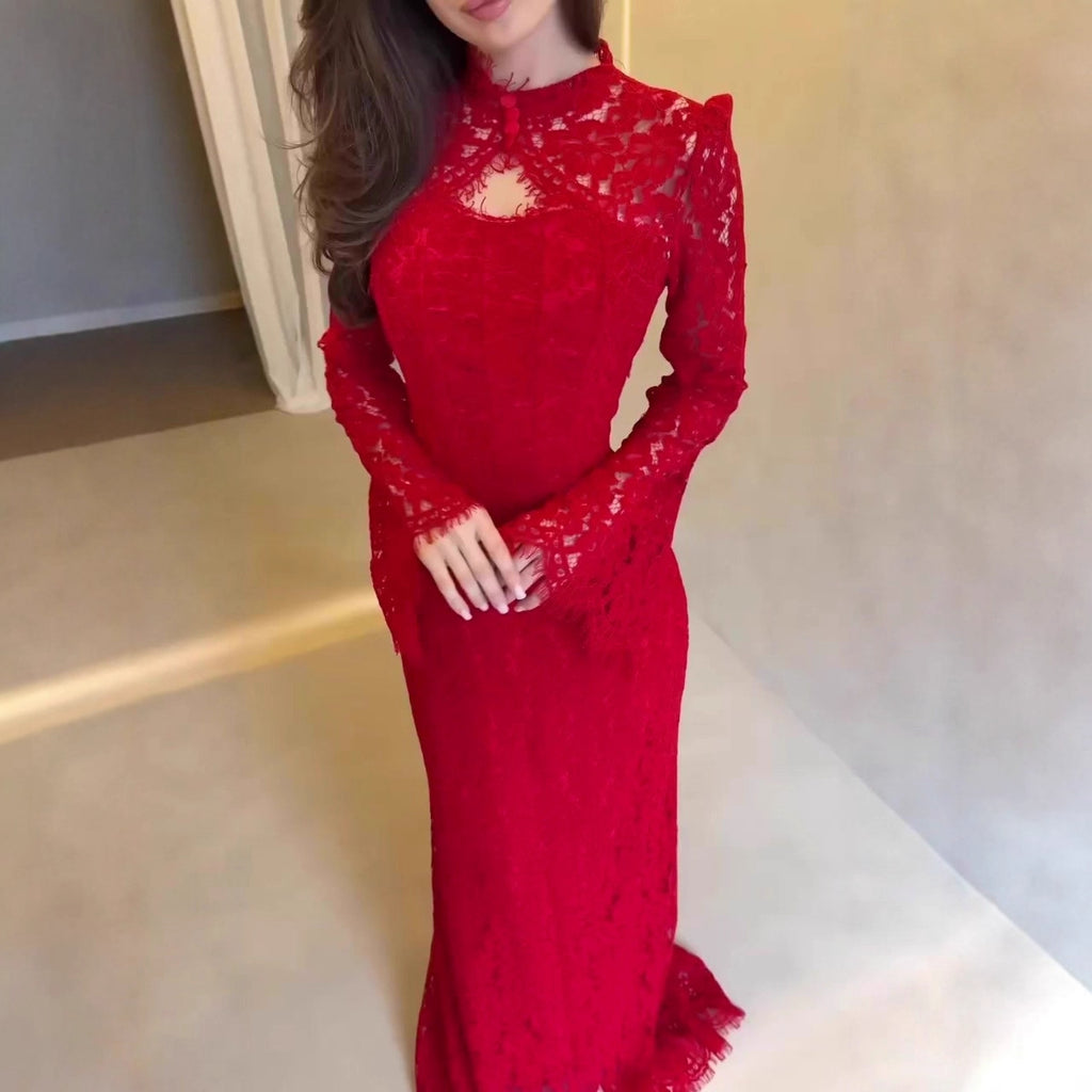 Luxe Lace Evening Dress With Long Sleeves And A Long Skirt