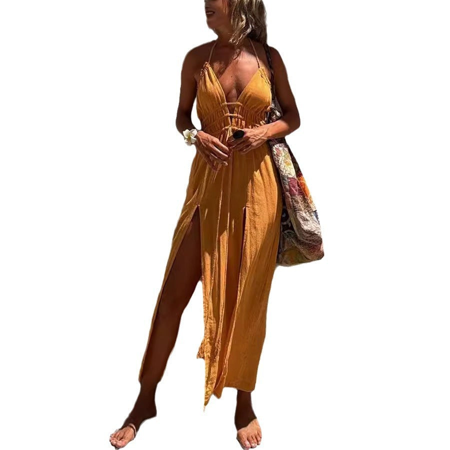 Sexy Solid-color Hem With Double Slit Dress