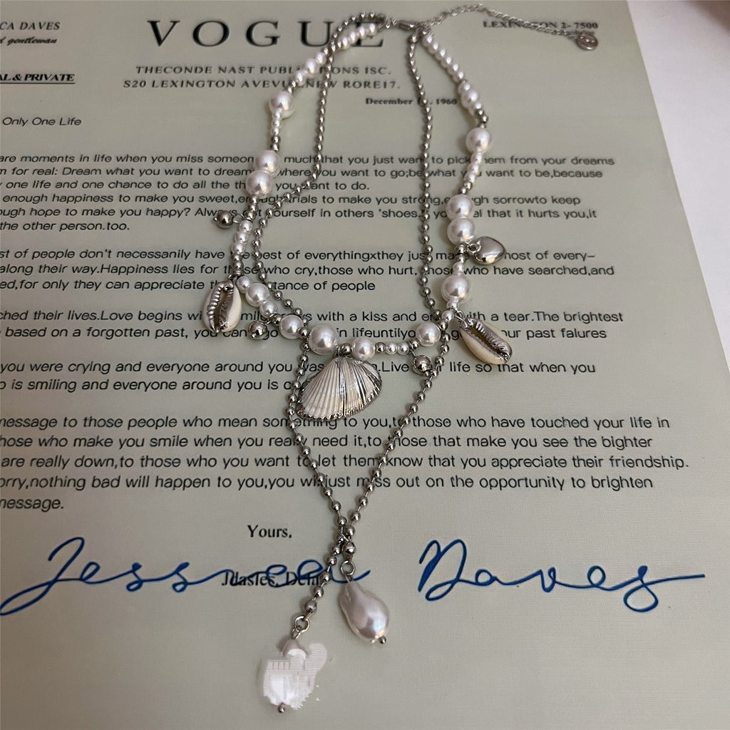 Beach Seashell ImitationPearl Pendant Double Layer Necklace
