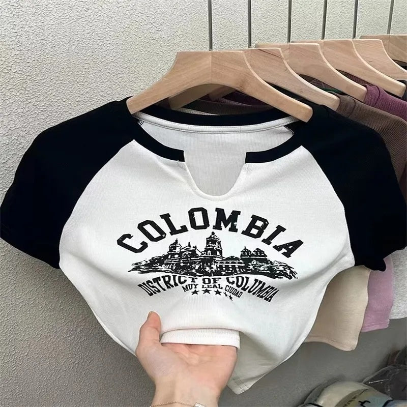 Shoulder Slimming Letters Short-sleeved T-shirt Women's Color Matching Casual Print Top