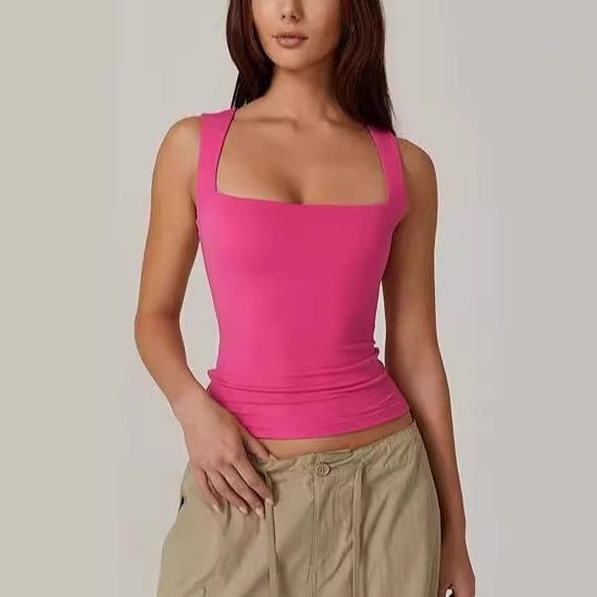 Summer Square Collar Sleeveless Double Layer Tight Vest