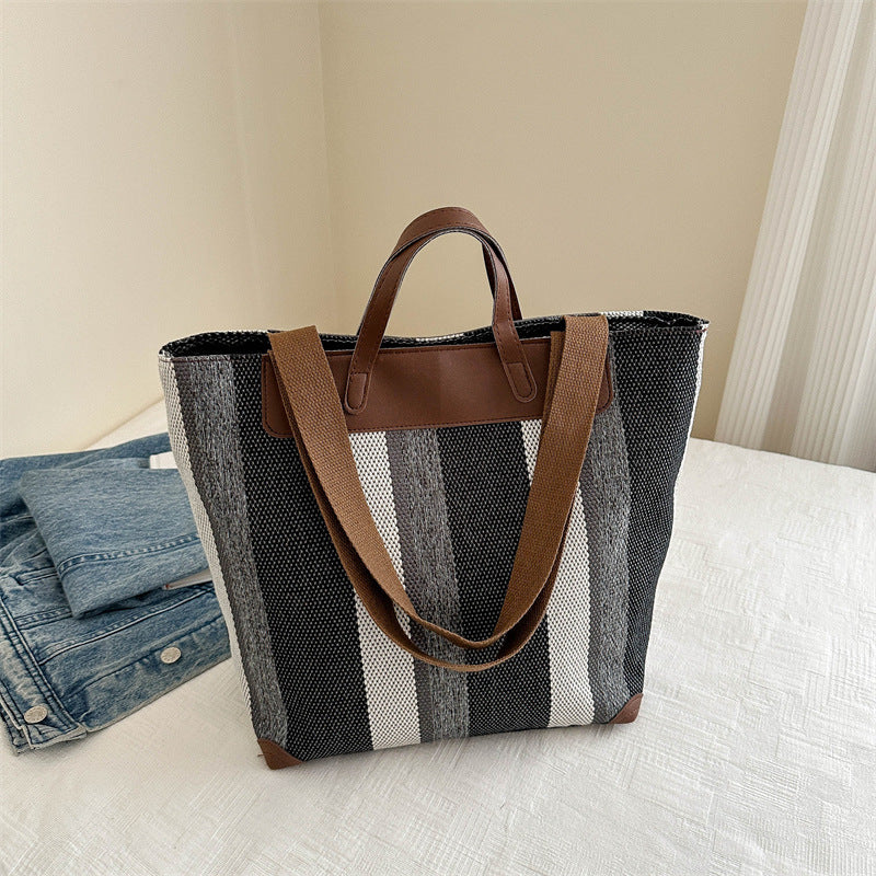 Women's Contrast Color Striped Canvas Handbag