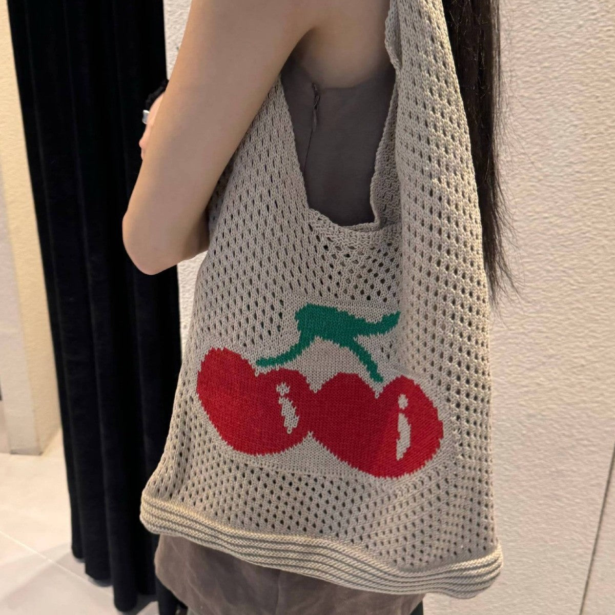 Large Capacity Totes Cherry Embroidered Handbag Knitted Hollow