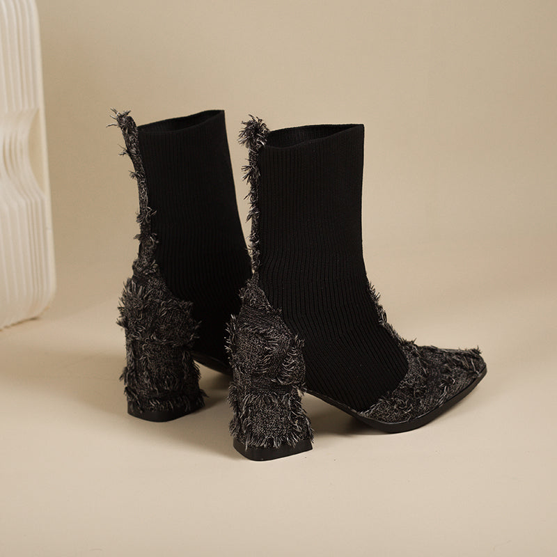 Women's Fringe And Knit Combination Mid-Calf Boots, Boho Chunky Block Heel Ankle Booties, Pointed Toe Slip-On Casual Boots With Raw Cut Edge Detail