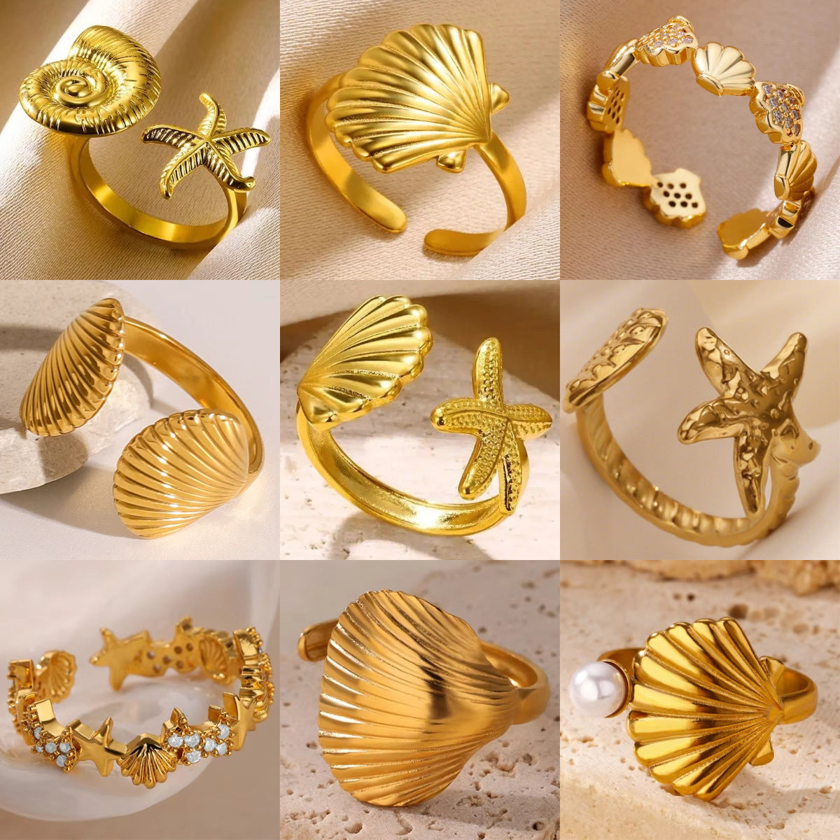 Ocean Wind Starfish Shell Stainless Steel Open Gold-plated Women's Vacation Jewelry