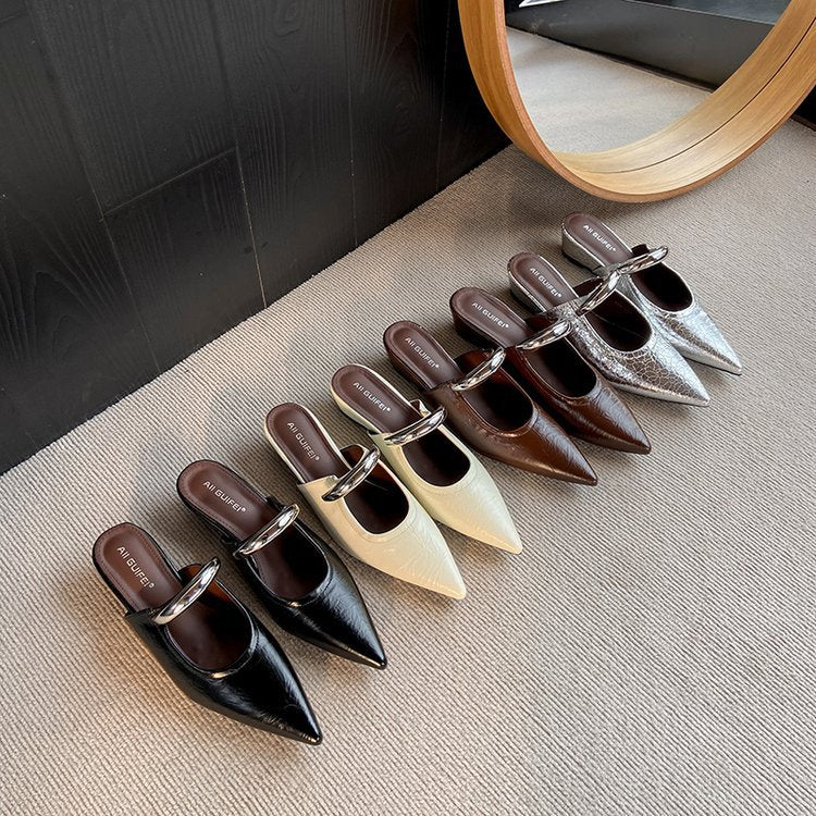 Pointed Toe Slip-on Mule Sandals With Chunky Heels