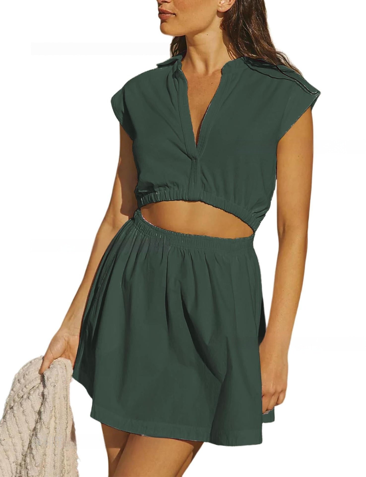 Womens V-neck Solid-Color Cleverly Defined Waistline Turn-Down Collar Midriff-Baring Short Dress