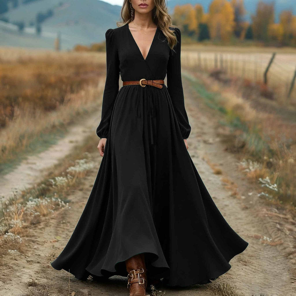 Elegant Western Style Cross Collar Long Sleeve Dress