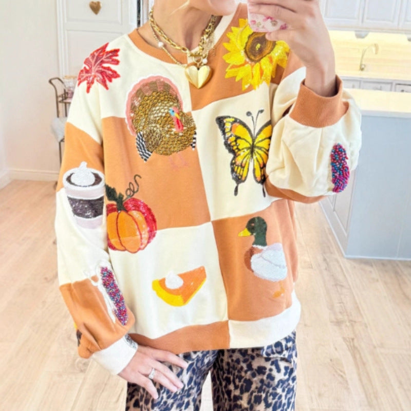 Pumpkin Butterfly Bouquet Duck Print Women's Round Neck Sweatshirt