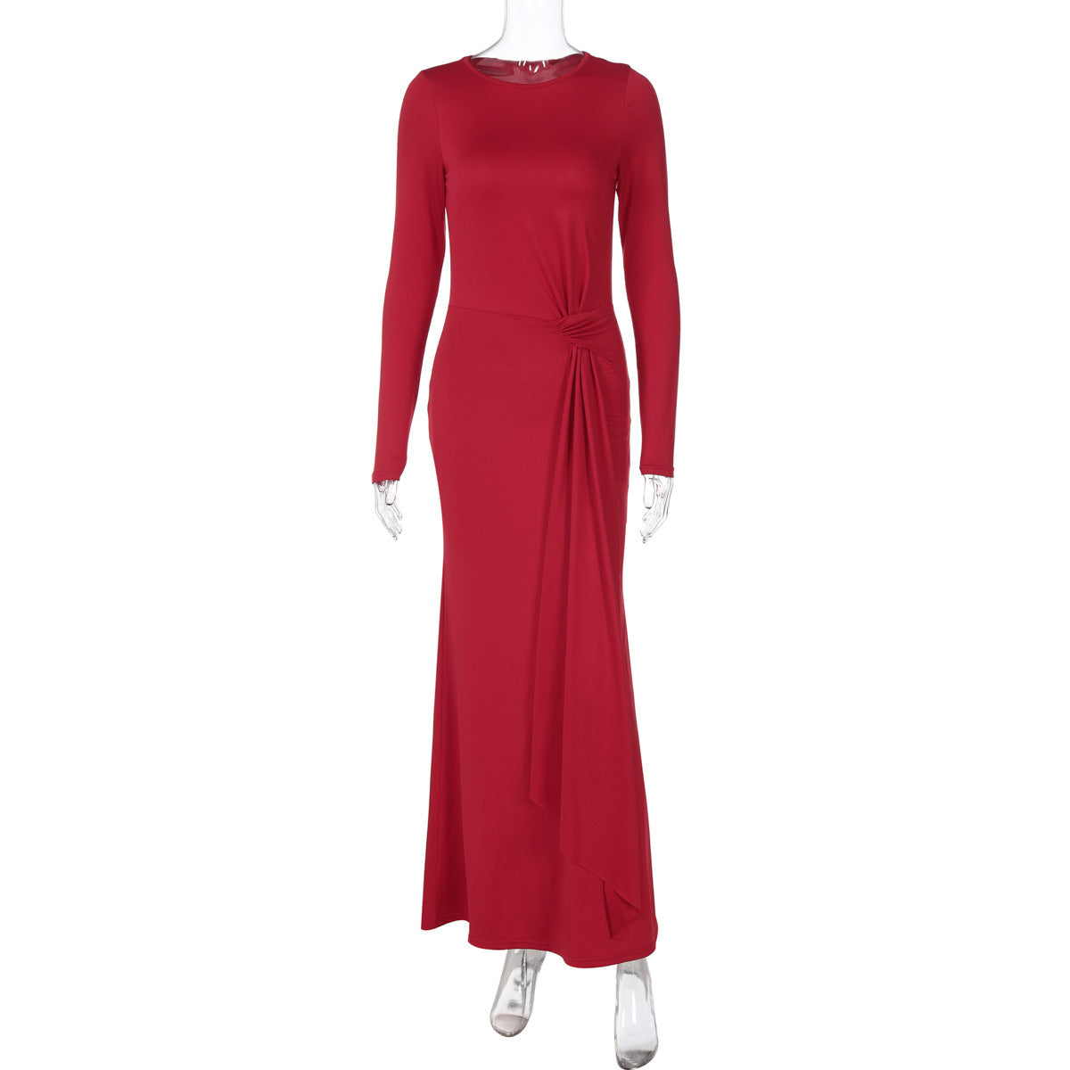 Solid Color Round-neck Long-sleeved Waist-defining Dress For Women