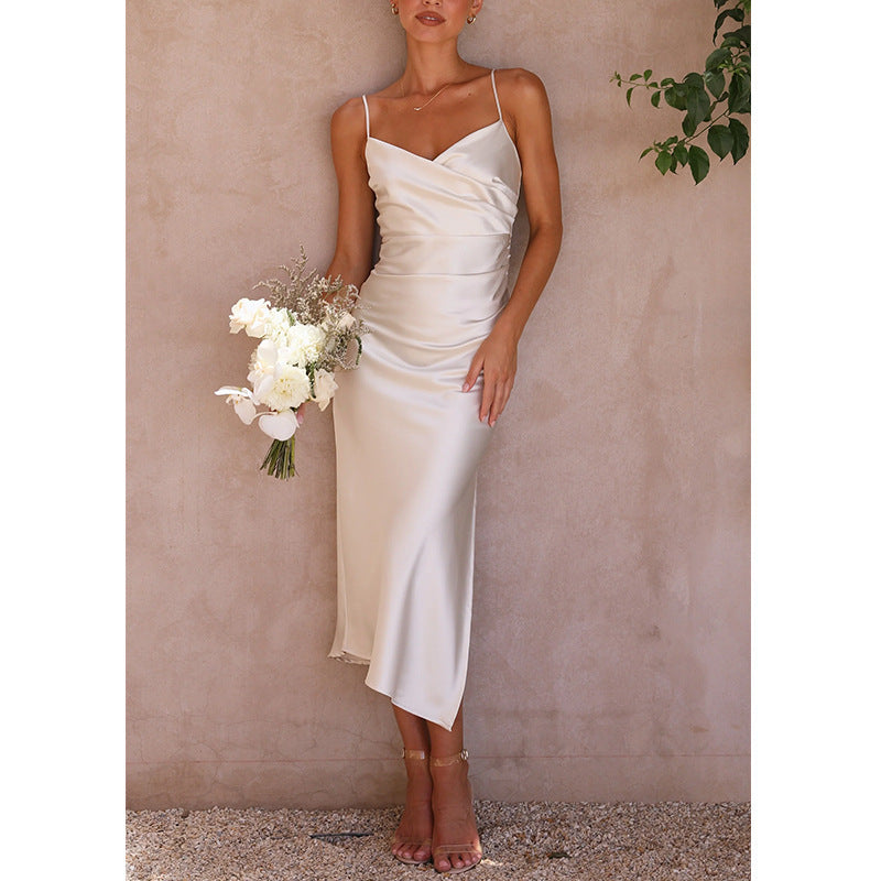 Sleeveless V-neck Pullover Dress Solid Color Bodycon Women