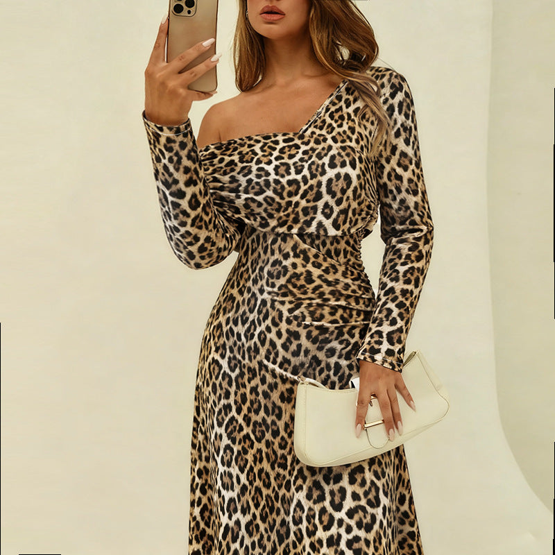 New Square Neck Sexy Leopard Print Elegant Slim-fit Dress