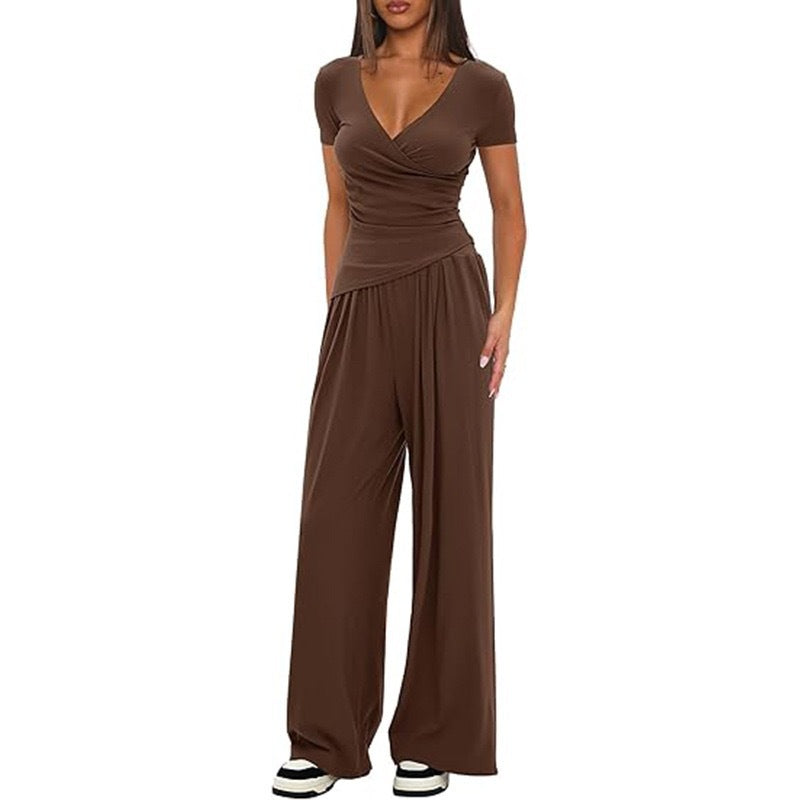 Women's Short-sleeve Sportswear And Wide-leg Pants Set