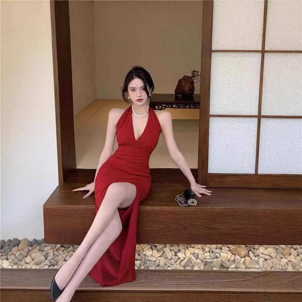 Hong Kong Style Retro Burgundy Sleeveless Sexy Backless Dress