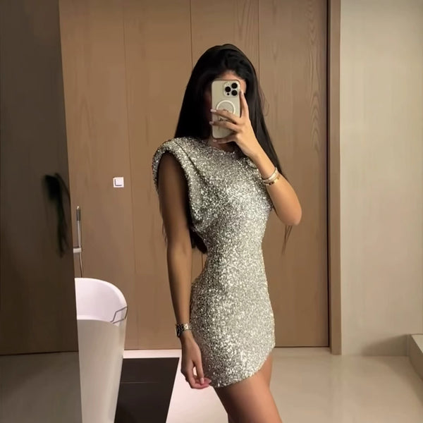 Sequins Decorated Sleeveless Shoulder Pad Sequin Dress