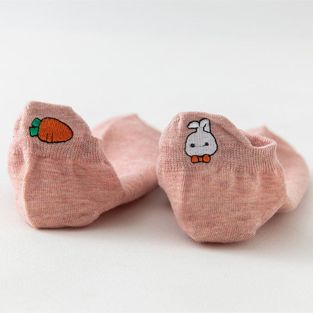 Four Seasons Style Cartoon Embroidered Ear Boat Socks Women