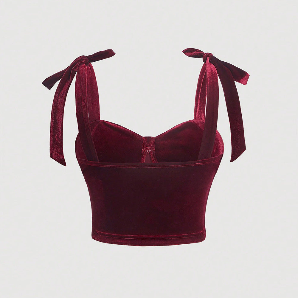 French Retro Velvet Top With Bow Tie Strap