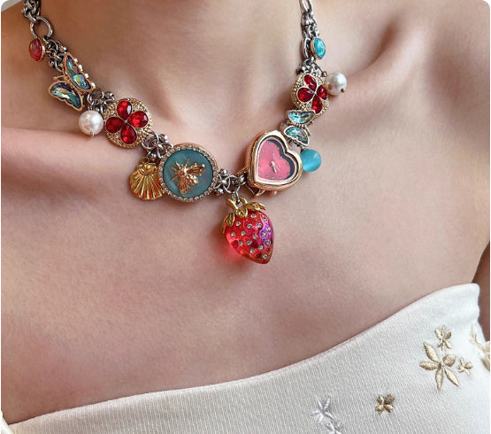 Red Blue Strawberry Clock Butterfly Titanium Steel Necklace