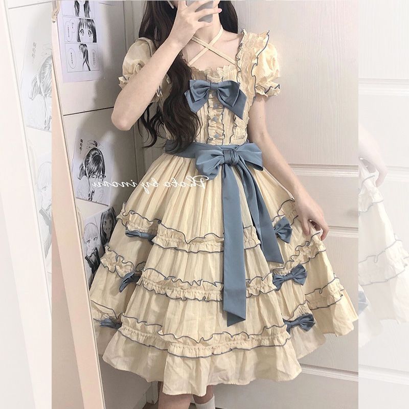 French Lolita Princess Dress Western Style Puff Sleeve Stitching Lace