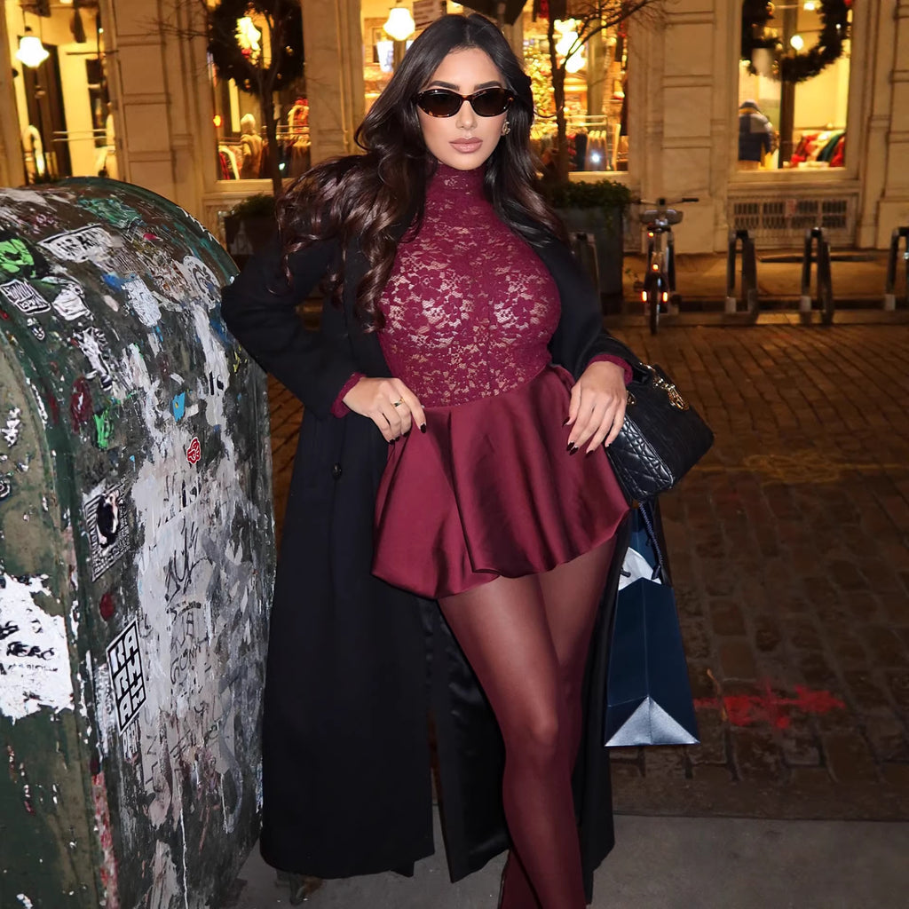 Lace Stitching Round-neck Long-sleeved Dress