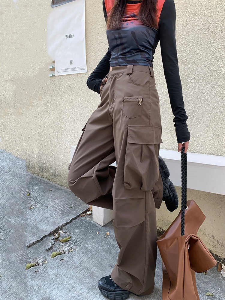 Women's Wide-leg Casual Cargo Pants With Large Pockets And Pleats