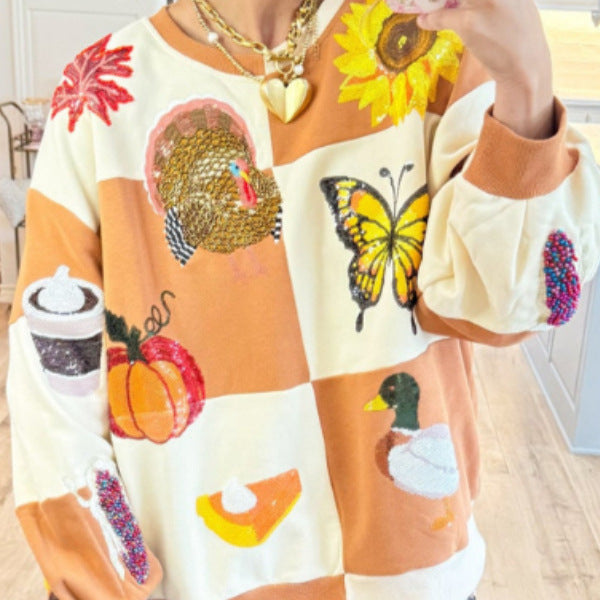 Pumpkin Butterfly Bouquet Duck Print Women's Round Neck Sweatshirt