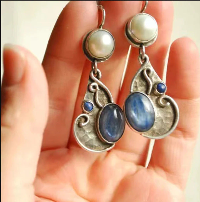 Vintage Ethnic Style Inlaid With Natural Stones Long Ear Hooks Distressed Women's Earrings Trendy Unique Earrings