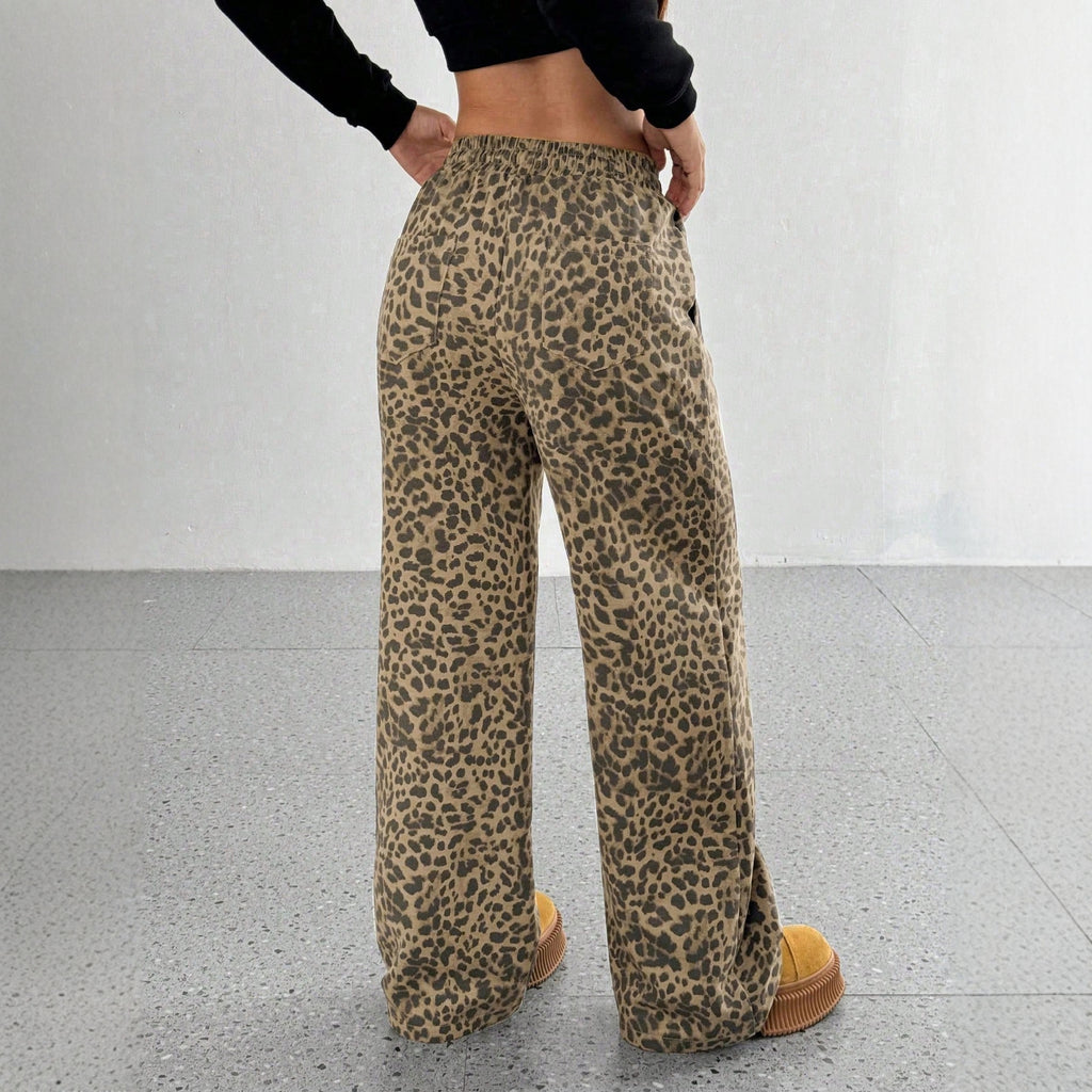 Fashionable And Versatile Leopard-Print Loose Casual Trousers