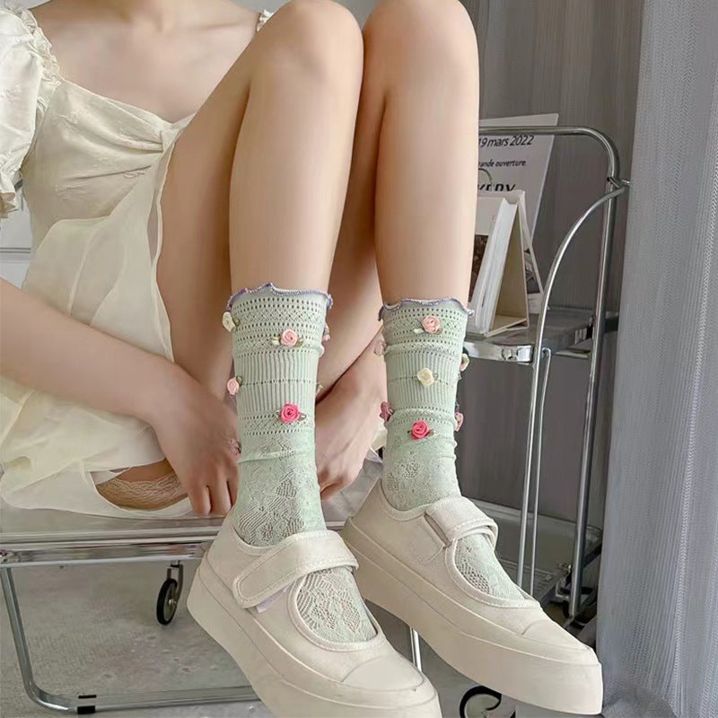 Spring And Summer Thin Rose Lace Tube Socks Women