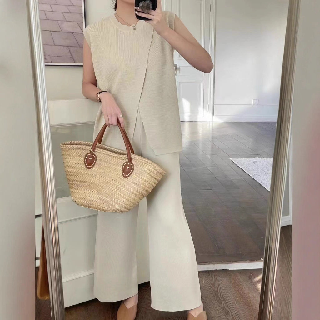 Sleeveless Crew-Neck Slim-Fit Striped Knit Top And Wide-Leg Pants Set