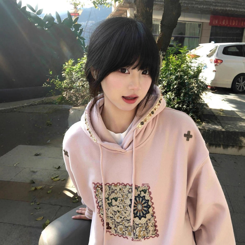 American Retro Patch Embroidery Hooded Sweatshirt Women