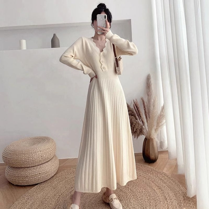 Women's Fashionable Waist-cinching Knitted Long-sleeve Dress