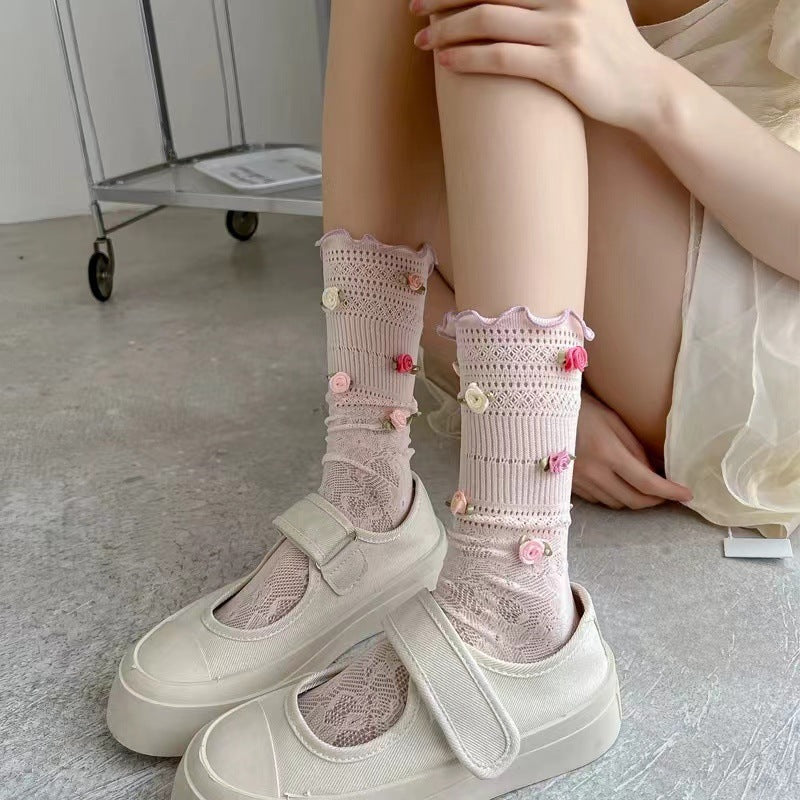 Spring And Summer Thin Rose Lace Tube Socks Women