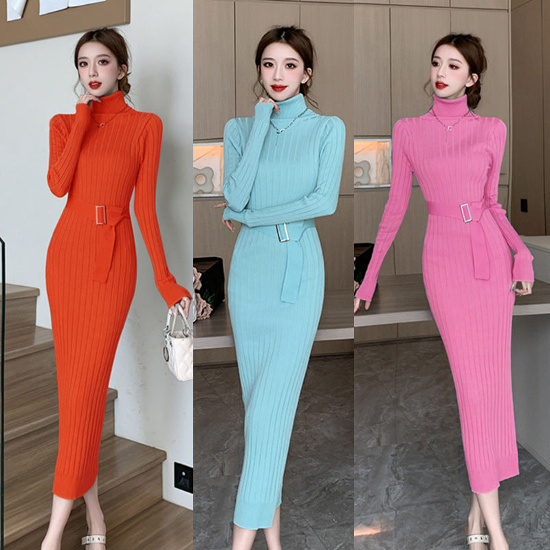 Elegant High-neck Sweater Paired With A High-waisted Stretchy Figure-hugging Knit Sheath Dress