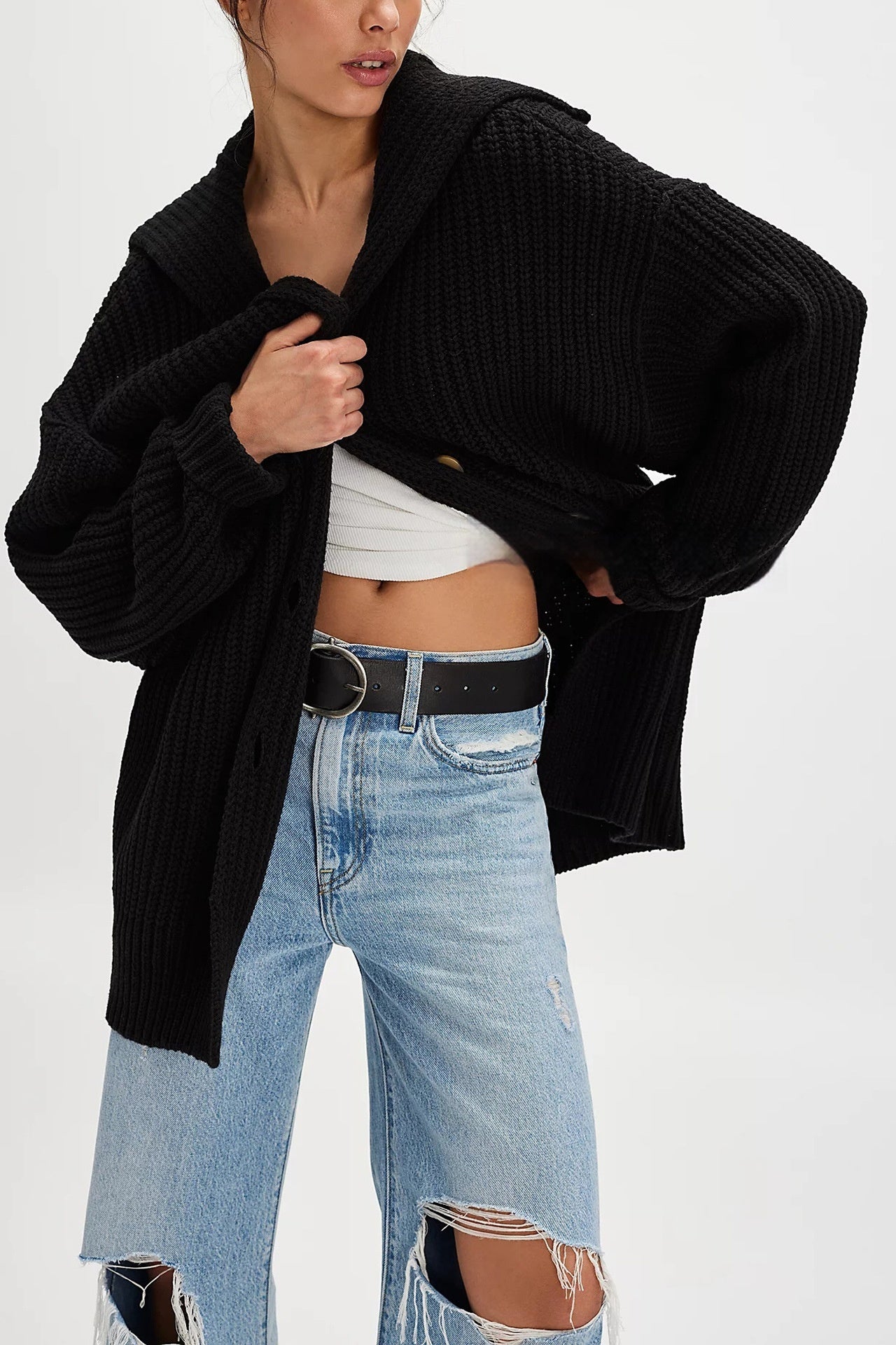 Women's Fashionable Lapel-Neck Loose-Fit Plus-Size Sweater Coat