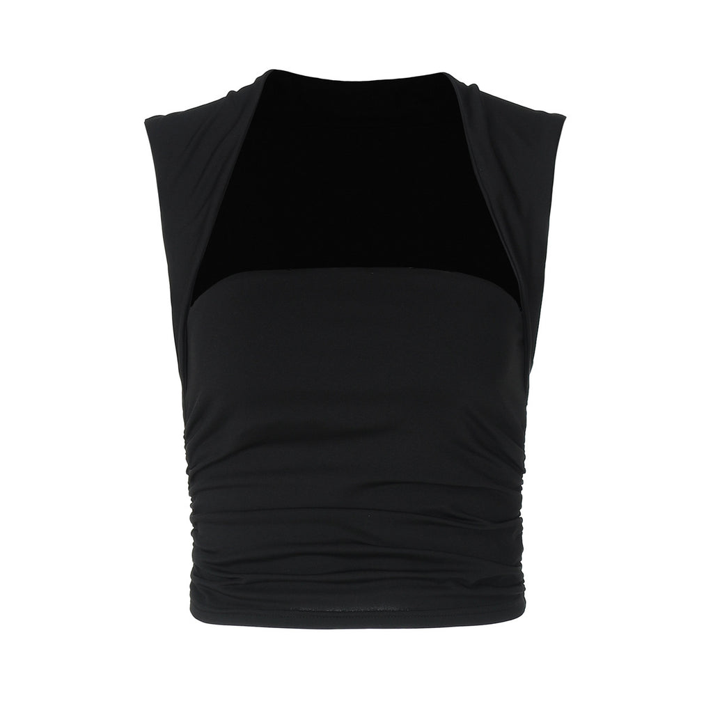 Square Collar Sleeveless Vest Pleated Tight Top T-shirt