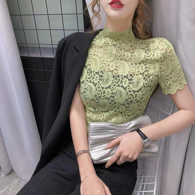 Paisley Lace Stand-up Collar Short-sleeved T-shirt