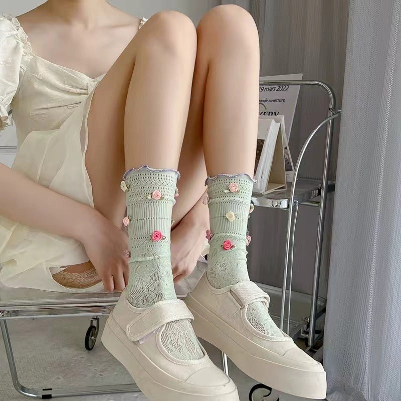 Spring And Summer Thin Rose Lace Tube Socks Women
