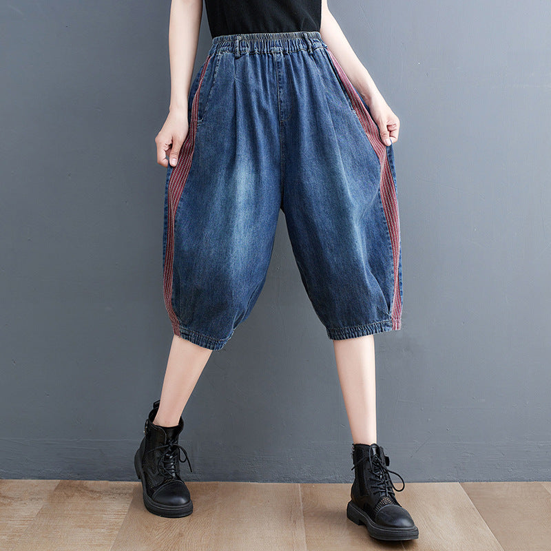 Large Size Women's Korean Style New Denim Stitching Washed Casual Cropped Pants